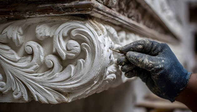 Extreme close-up shot showing a worker's gloved hand carefully painting a detailed, scroll-shaped, white plaster corbel or console bracket during an interior restoration project.