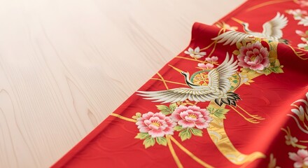 Traditional Japanese kimono fabric displaying intricate crane and peony embroidery on wood for a Coming of Age Day celebration concept and cultural tradition