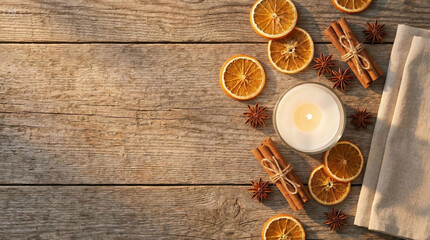 Warm rustic setting with cozy candle, cinnamon, and dried oranges create a relaxing and inviting autumn vibe for seasonal promotions