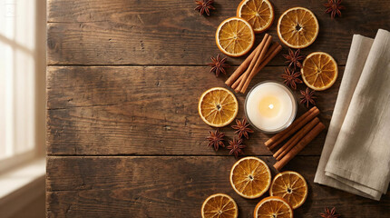 Create a cozy and inviting fall feeling with dried oranges, cinnamon sticks and a candle on a rustic wood table bringing warmth to any space