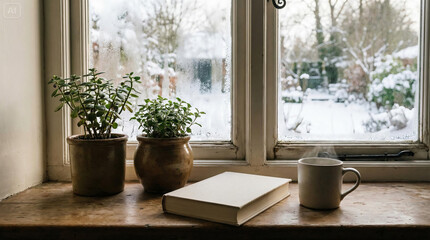Fototapeta premium Cozy winter escape with steaming coffee, book, and snowy view from window for peaceful reading and relaxation indoors on a cold day