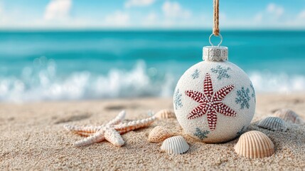 Naklejka premium Christmas ornament with starfish on beach
