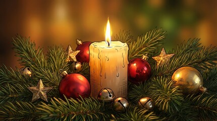Illustration of a festive composition with Christmas tree branches, decorations, and candlelight in a mixed style.