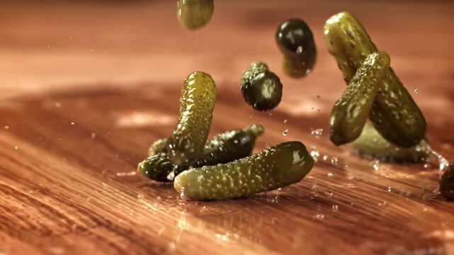Pickled cucumbers fall on a cutting board. Filmed on a high-speed camera at 1000 fps. High quality FullHD footage