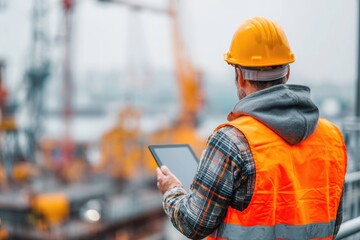 Rear view of construction worker holding a tablet at high-rise site