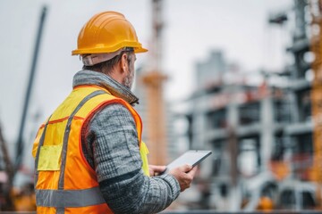 Rear view of construction worker holding a tablet at high-rise site