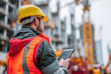 Rear view of construction worker holding a tablet at high-rise site
