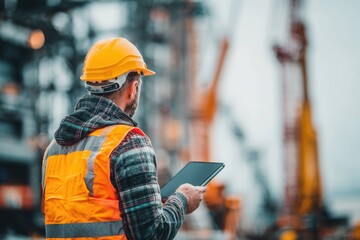 Rear view of construction worker holding a tablet at high-rise site