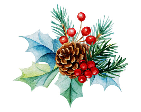 Isolated watercolor composition featuring a large brown pineapple, a cluster of red berries, and green and blue holly leaves with pine needles. Ideal for Christmas cards or winter party decorations.