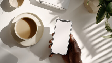 Overhead shot of a hand holding a blank screen smartphone mockup on a modern white desk with coffee, laptop, and plant, featuring elegant shadows.