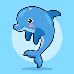 Vector cute, cartoon dolphin illustration on a light blue background. Kids ocean animal artwork, marine character clipart.
