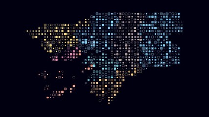 Guinea-Bissau map animation. Shape of the country with pulsating colored dots. Small size rounded square blocks. Digital style Guinea-Bissau map on dark background. Creative video.