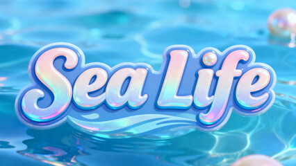 Sea Life 3D iridescent logo on a shimmering blue water surface with gentle waves and reflections, perfect for ocean-themed branding, aquatic company identity, marine business designs, beach projects