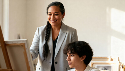 A smiling female art teacher mentors a teenage boy in a painting class. Supportive instructor providing guidance to a student in a creative studio. Education and artistic development concept