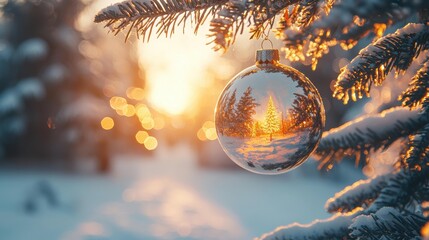 Ornament hangs on snow-covered pine branch reflecting a lighted tree in a snowy landscape with bokeh lights in the background. AI.