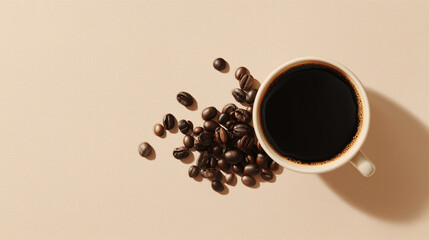Top view of a white cup of black coffee with roasted coffee beans on a light beige textured background, featuring strong shadows and ample copy space.