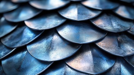Metallic overlapping scales create a textured pattern, with blue and silver reflections on the surface. AI.