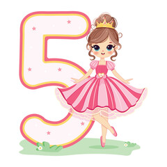 Cute princess in a pink dress and number 5 on white background. Happy Birthday concept. For Greeting Card or Invitation. Vector illustration in flat cartoon style