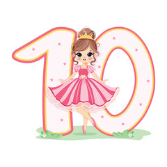 Cute princess in a pink dress and number 10 on white background. Happy Birthday concept. For Greeting Card or Invitation. Vector illustration in flat cartoon style