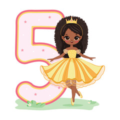 Cute princess in a yellow dress and number 5 on white background. Happy Birthday concept. For Greeting Card or Invitation. Vector illustration in flat cartoon style