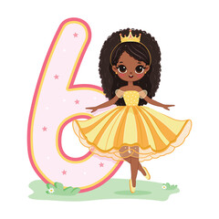 Cute princess in a yellow dress and number 6 on white background. Happy Birthday concept. For Greeting Card or Invitation. Vector illustration in flat cartoon style