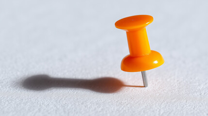 Vibrant orange pushpin stuck into a white textured surface, casting a distinct shadow, symbolizing organization and important notes.
