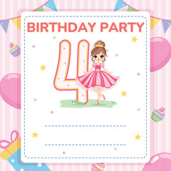 Invitation for Happy Birthday party with cute princess. Template, Poster, Banner, Flyer, Greeting Card. Vector illustration in flat cartoon style.