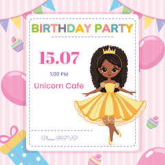 Invitation for Happy Birthday party with cute princess. Template, Poster, Banner, Flyer, Greeting Card. Vector illustration in flat cartoon style.