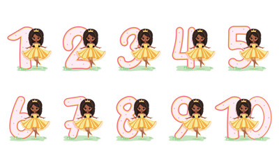 Set of numbers with cute princess girl in pink dress on white background. Happy Birthday concept. Vector illustration in flat cartoon style