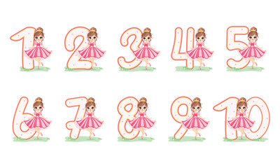 Set of numbers with cute princess girl in pink dress on white background. Happy Birthday concept. Vector illustration in flat cartoon style