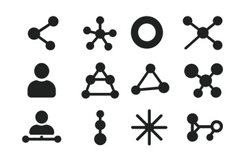 Network Centrality Icons. Solid style icons of network centrality: betweenness hub, degree node chart, closeness circle,