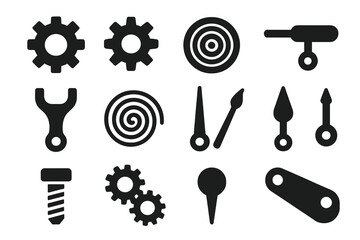 Obraz premium Mechanical Icon Set. Solid style icons of Mechanical precision: cogwheel, pinion, spring barrel, regulator index, pallet fork,