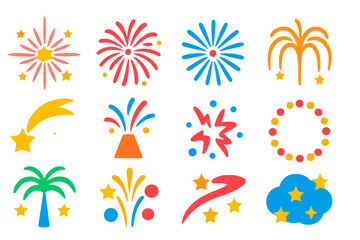Bright Firework Icons. Flat vector icons of aerial firework effects: starburst, peony, chrysanthemum, willow, comet, fountain,