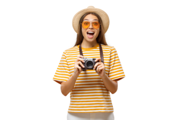 Happy surprised young female tourist holding photo camera