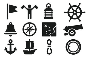 Naval Signal Icons. Solid style icons of Naval Signals: Signal Flag, Semaphore, Lantern, Ship Wheel, Bell, Compass, Chart, Cannon,
