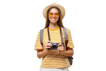 Smiling young tourist with backpack and camera, ready to explore and capture new places
