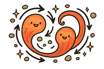 Joyful Mantle Convection. Cute doodle mantle convection with smiling magma currents, cartoon arrows swirling joyfully, tiny rocks