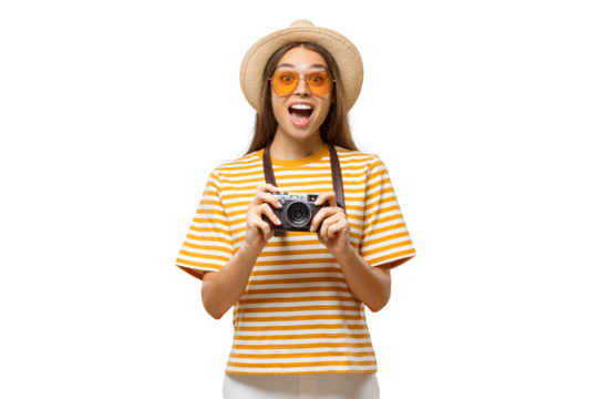 Happy surprised young female tourist holding photo camera - Powered by Adobe