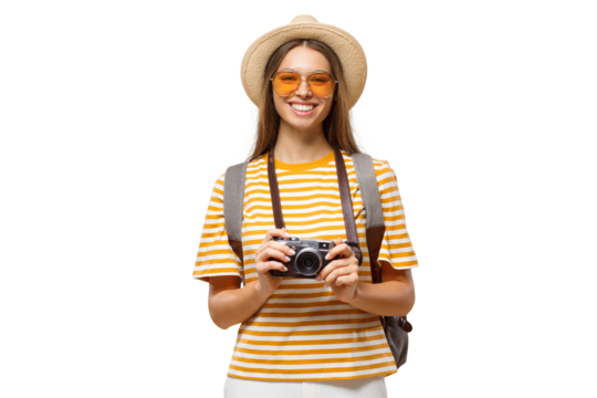 Smiling young tourist with backpack and camera, ready to explore and capture new places