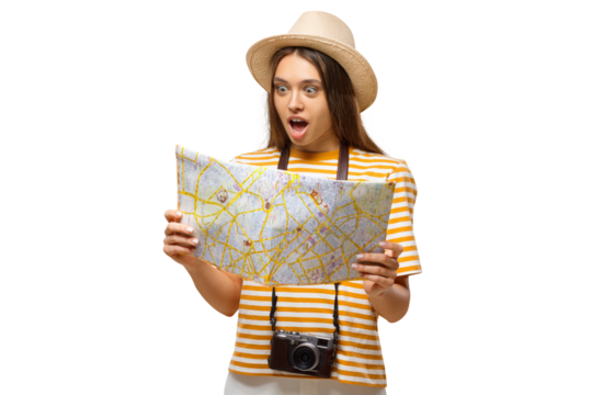 Surprised young tourist looking at a map with wide eyes, reacting to unexpected travel discovery