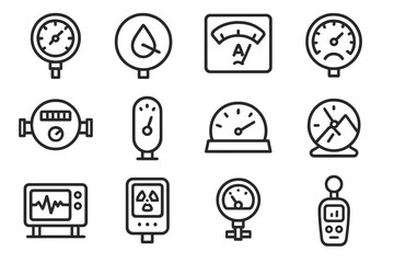 Measurement Device Icons. Line style icons of measurement devices: manometer, hygrometer, galvanometer, tachometer; water meter,