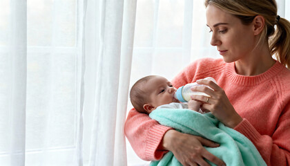 A loving mother feeding her newborn baby from a bottle. Young woman holding an infant in her arms by a window. Motherhood and childcare concept with copy space