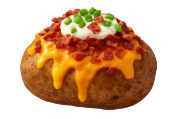 Loaded baked potato with melted cheddar cheese, sour cream, bacon bits, and chopped green onions on transparent background