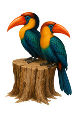 Obraz premium Pair of colorful toucans perched on a tree stump