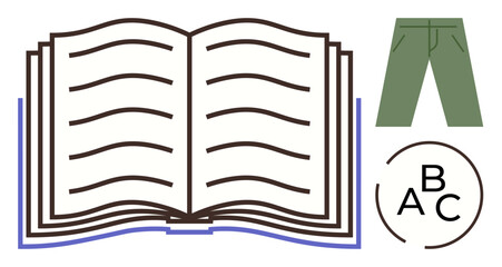 Open book with written lines alongside green pants and circular alphabet, referring to education, reading, clothing, language, and simplicity. Ideal for education, literacy, school knowledge