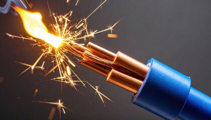 Dangerous electrical short circuit with bright sparks and flame erupting from exposed copper wires and blue insulation.