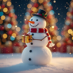 Fototapeta premium Snowman standing in winter snow holding a gift box with colorful Christmas lights in background.