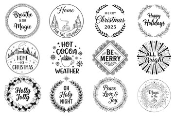 Obraz premium Collection of twelve black and white Christmas and holiday themed circular graphics