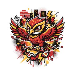 Obraz premium Fierce red and yellow owl with outstretched wings perched on a branch against a cityscape