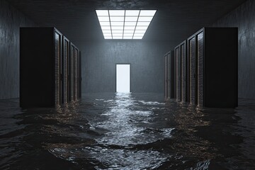 Dark, flooded server room with glowing server racks and light at the end of hall